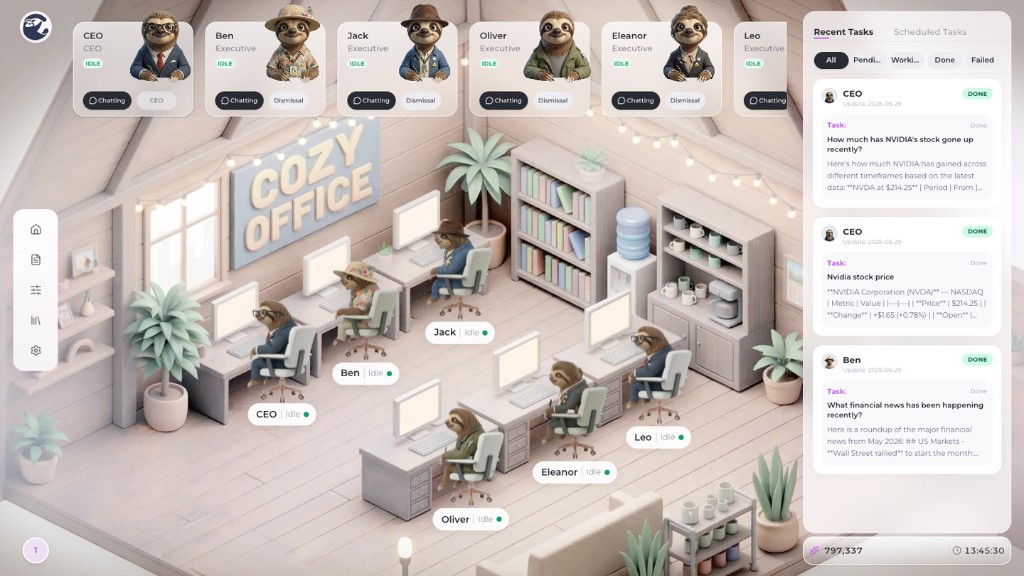 CozyOffice visual workspace: agents, office scene, and tasks